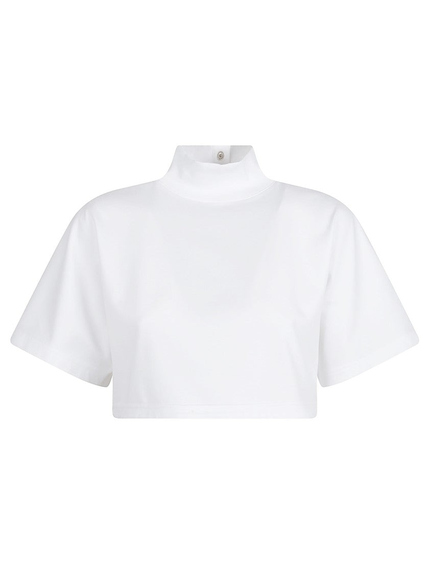 Alaïa Cropped Jersey Cotton T-Shirt With Ribbed High Neckline