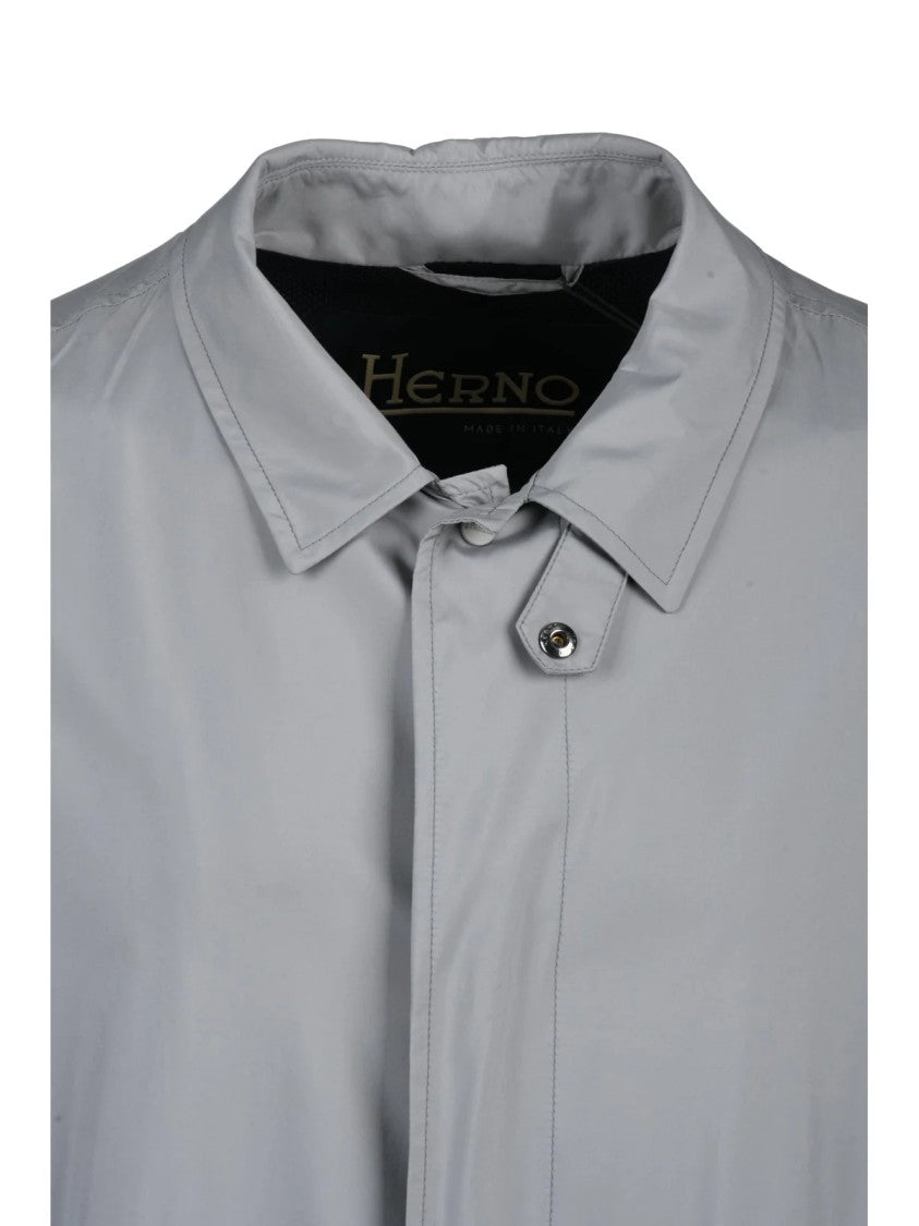 Herno Light Grey Snap-Button Lined Polyester Overcoat