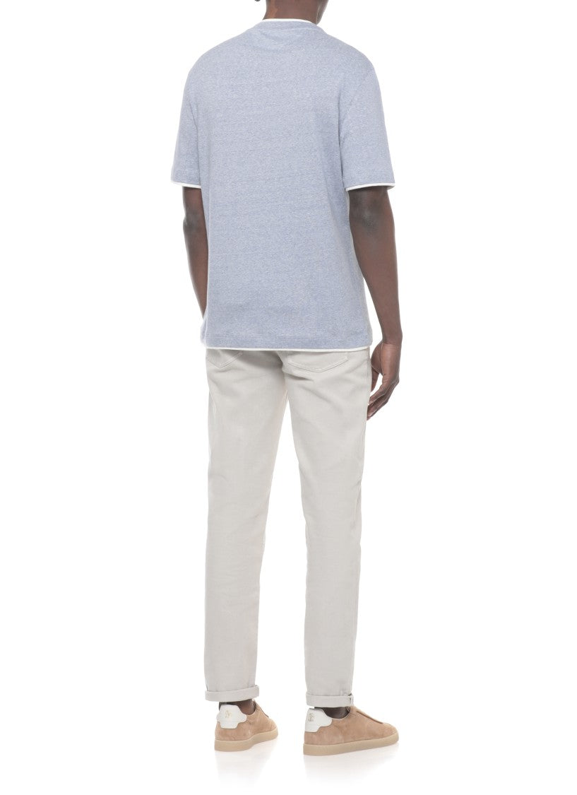 Brunello Cucinelli Light Blue Trims Cotton-Linen T-Shirt
