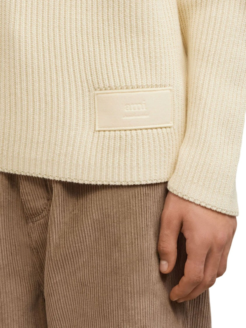 Ami Paris Ecru-Beige Ribbed Crew-Neck Sweater