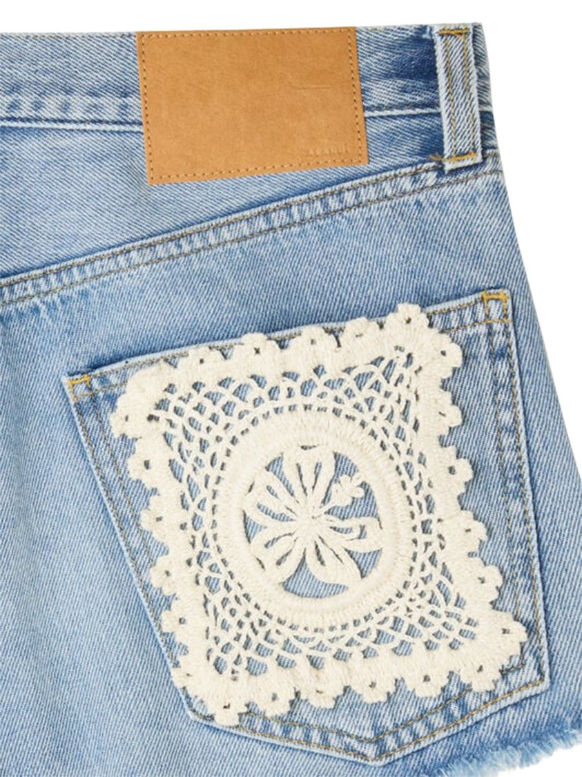 Alanui Island S Diary Light Blue Crochet Lace Denim Shorts