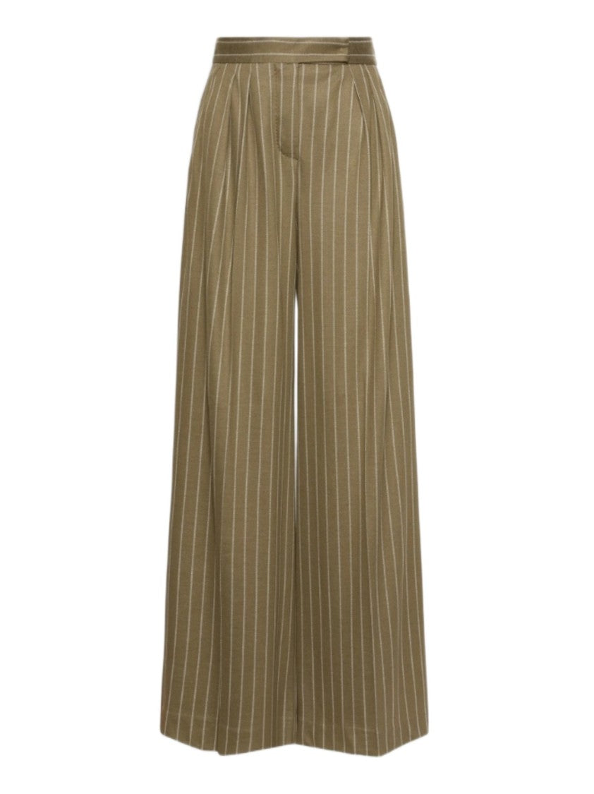 Max Mara Wide-Leg Olive Trousers With Vertical Pinstripes And Pleated Front