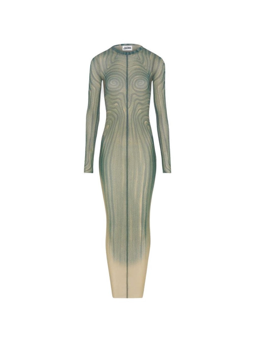 Jean Paul Gaultier Long Spiral Dress Ecru And Aqua