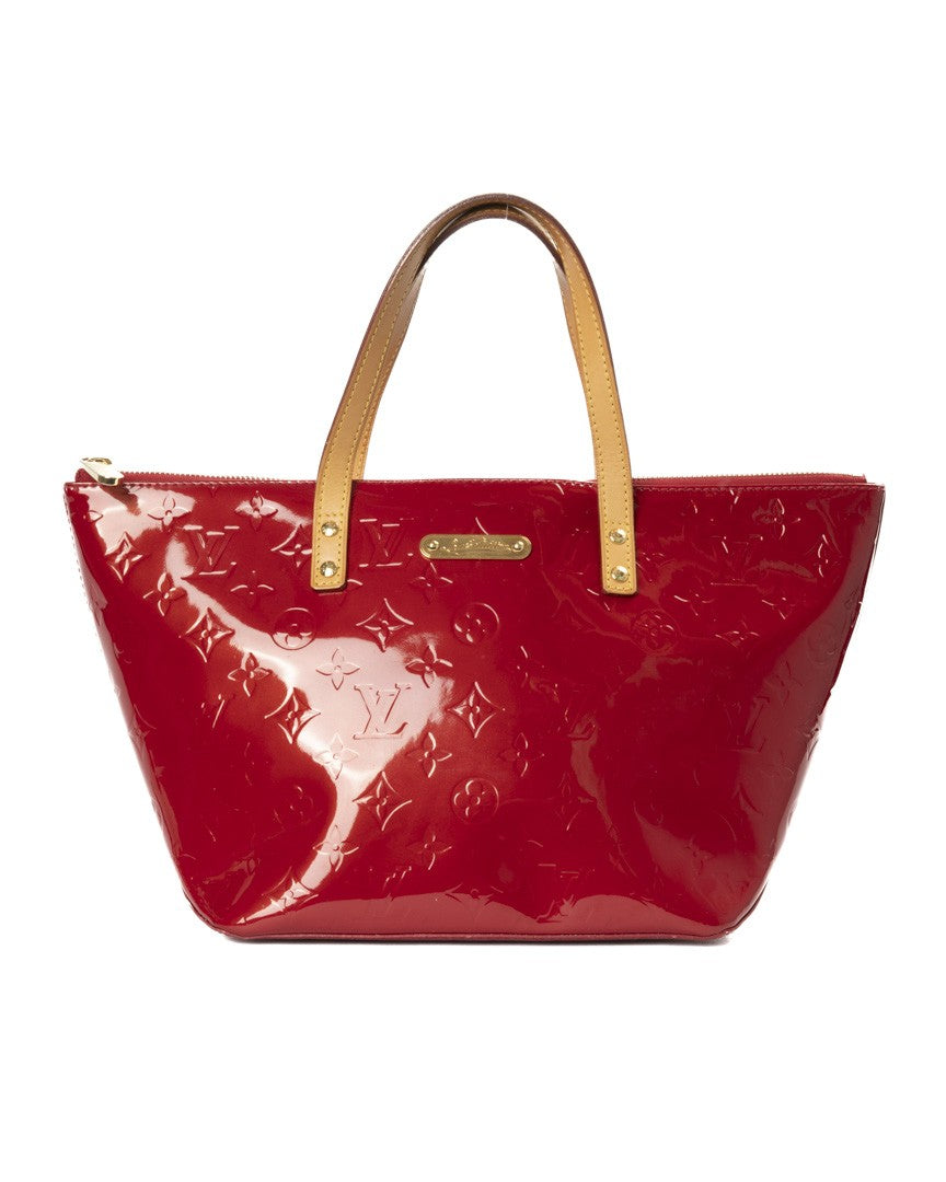 Louis Vuitton Medium-Sized Glossy Red Patent Leather Handbag With Gold Accents