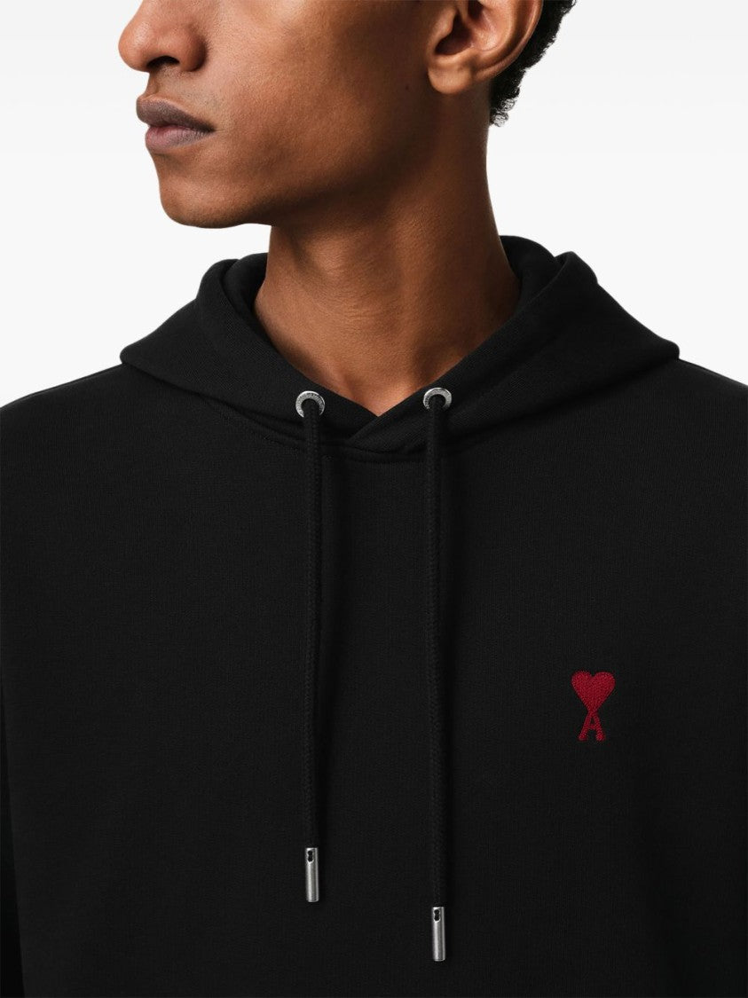 Ami Paris Black Hoodie With Adjustable Drawstring And Embroidered Heart