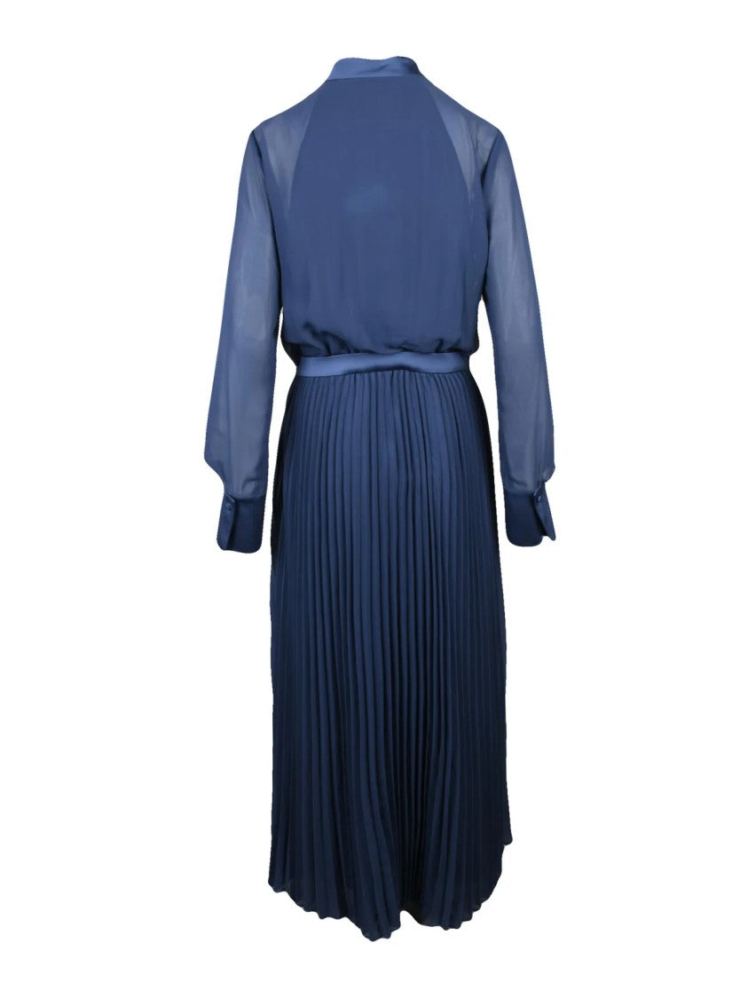 Emporio Armani Blue Pleated Sheer Bodice Bow Long Dress