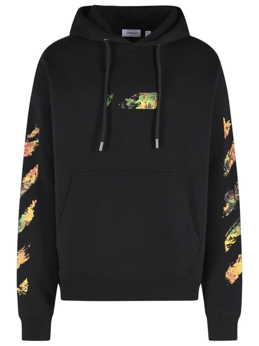 Off-White Cotton Sweatshirt With Adjustable Drawstring Hood And Graphic Prints