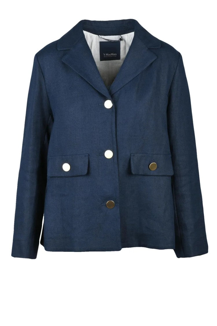 Max Mara Blue Unlined Buttoned Linen Jacket