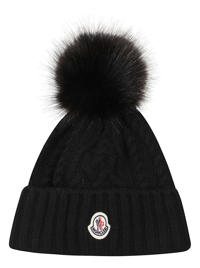 Moncler Faux Fur Pom-Pom Cable Knit Beanie Hat