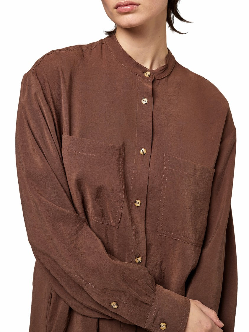 Alpha Studio Mandarin Collar Button-Down Midi Shirt Dress