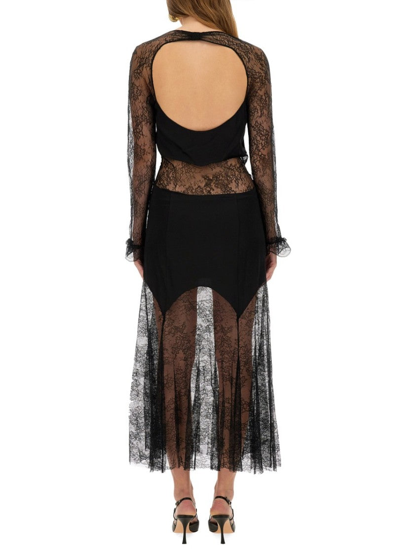 Nina Ricci Intricate Lace Midi Dress With Sheer Sleeves And Open Back Design