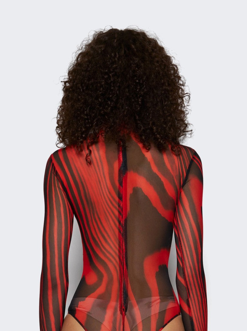 David Koma Printed Mesh Bodysuit Red And Black