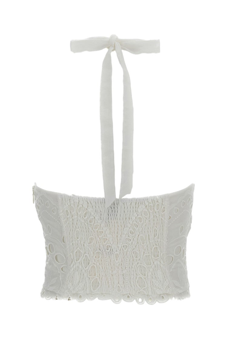 Charo Ruiz Ibiza White Halter Eyelet Top With Smocked Back