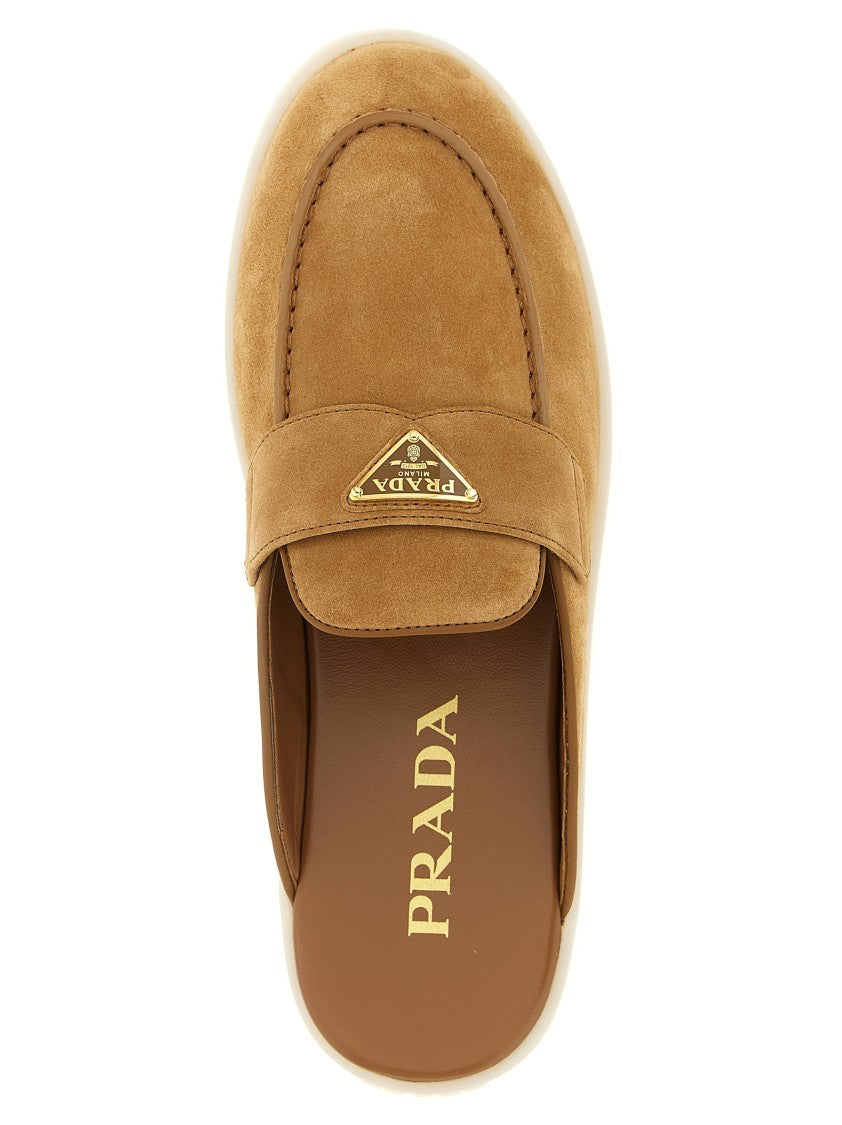 Prada Suede Slip-On Sabots With Enameled Triangle Logo