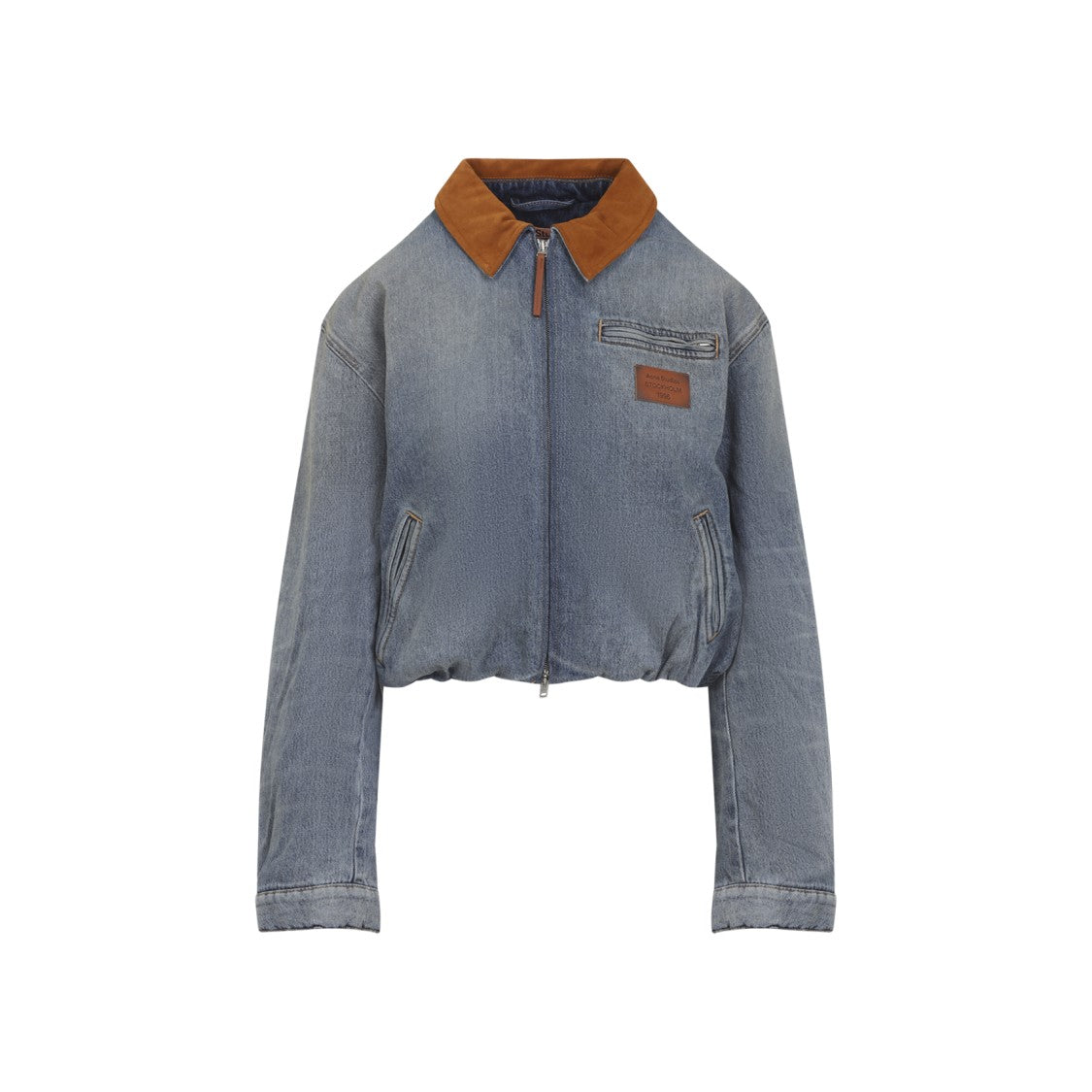 Acne Studios Cropped Denim Jacket With Suede Collar And Elastic Hem