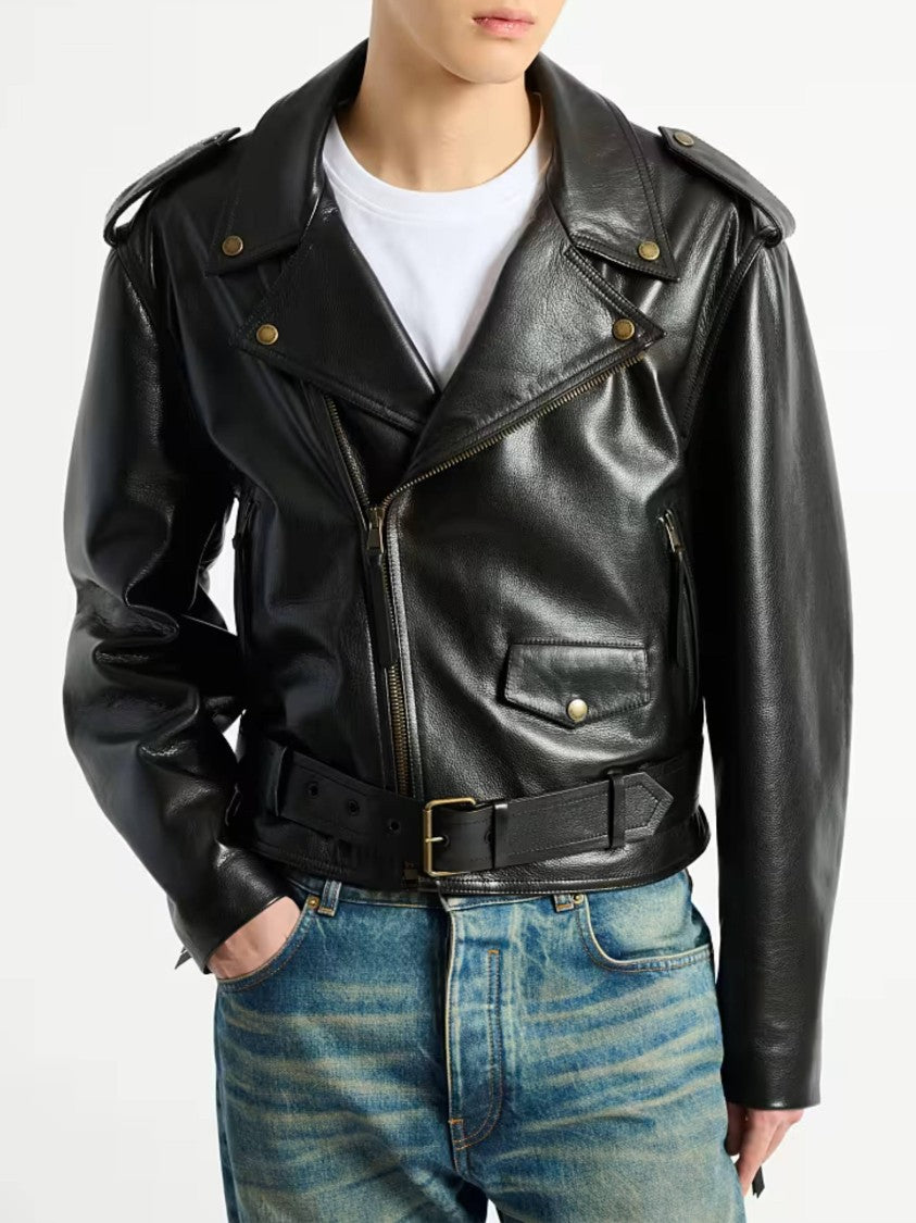 Balmain Black Biker Cropped Leather Jacket