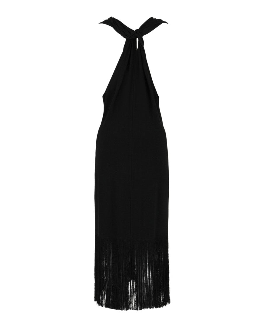 Ferragamo Plunging Neckline Fringe-Hem Midi Dress With Knotted Back Closure