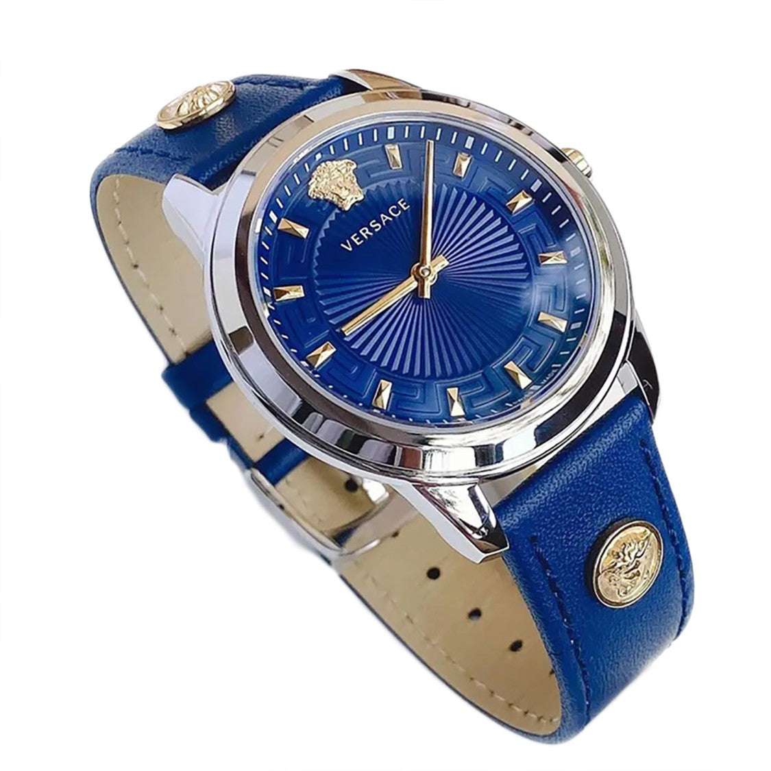 Versace Greca 38Mm Swiss Made Watch With Blue Leather Strap