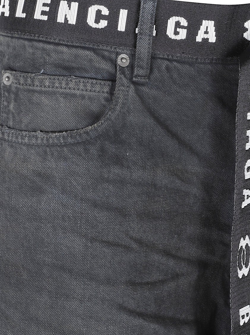 Balenciaga Washed Black Denim Shorts With Distinctive Branding And Relaxed Fit