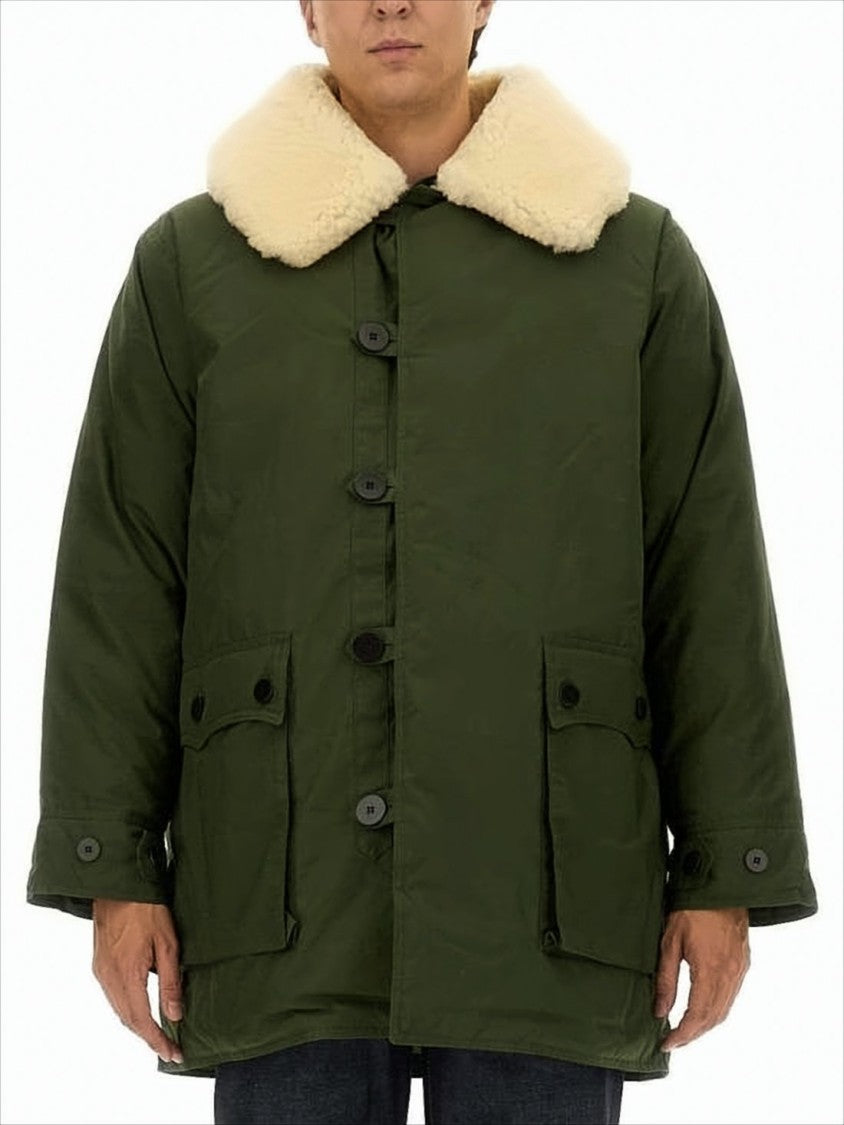 Nigel Cabourn Olive Green Cotton Jacket With Shearling Collar And Goose Down Insulation