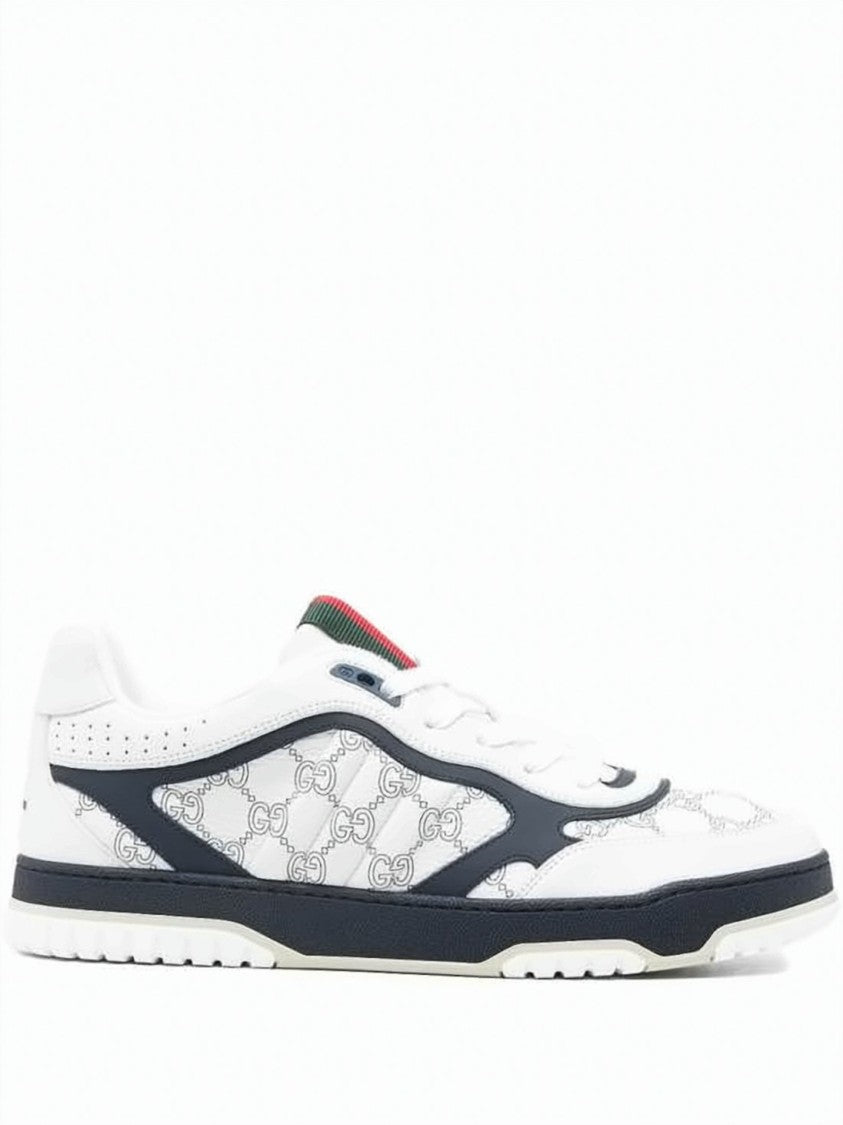 Gucci Low-Profile White Leather Sneakers With Navy Overlays And Monogram Side Panel