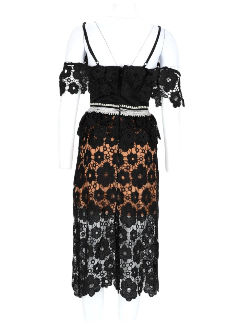 Nj Couture Black Floral Lace Midi Dress With Off-The-Shoulder Sleeves