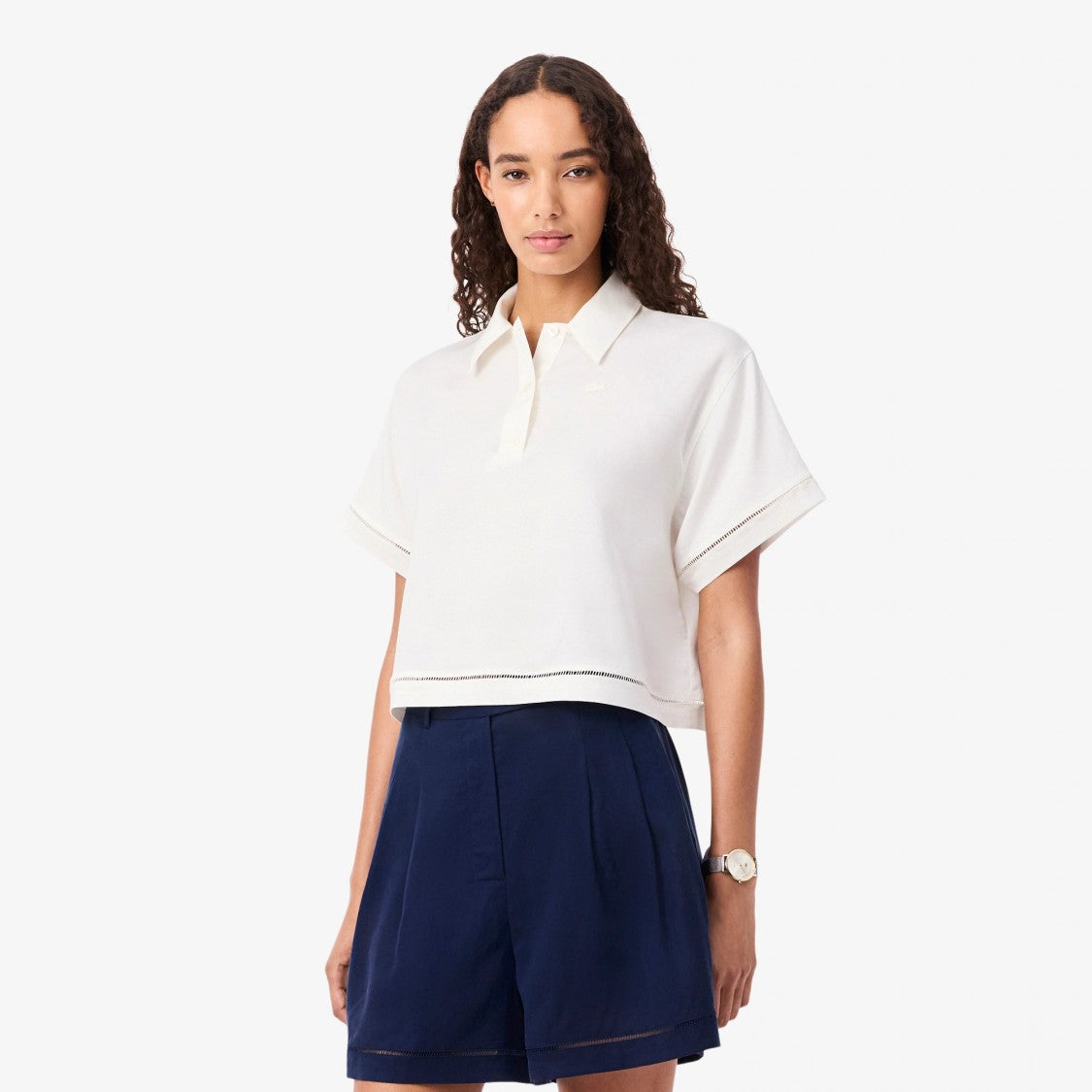 Lacoste White Cropped Short-Sleeved Polo Shirt