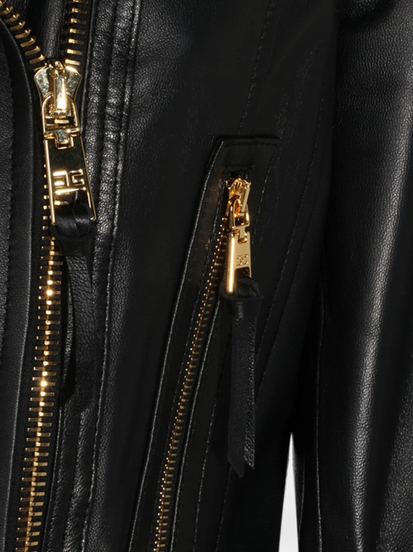 Elisabetta Franchi Cropped Leather Jacket With Asymmetrical Closure And Gold-Tone Hardware
