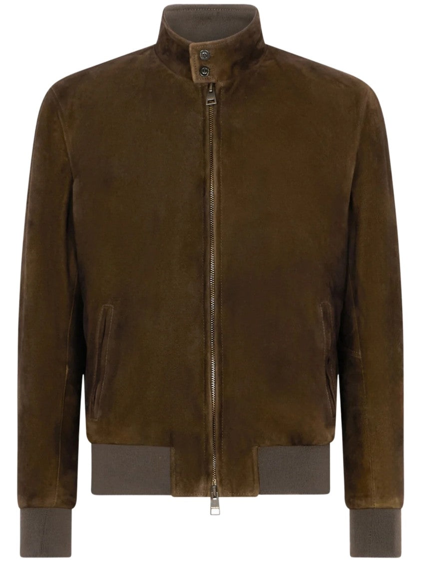 Boglioli Sleek Brown Leather Bomber Jacket With Stand Collar And Minimalist Design