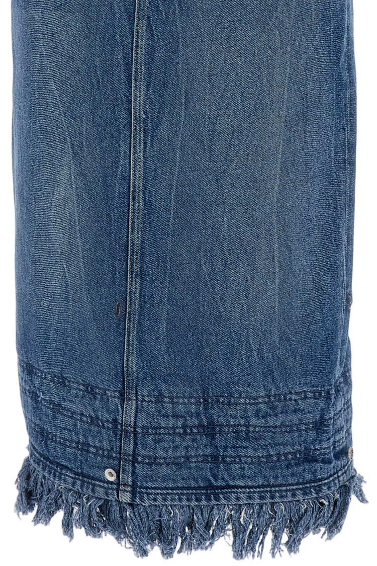 Rabanne Washed Blue Cotton Denim Frayed Hem Midi Skirt