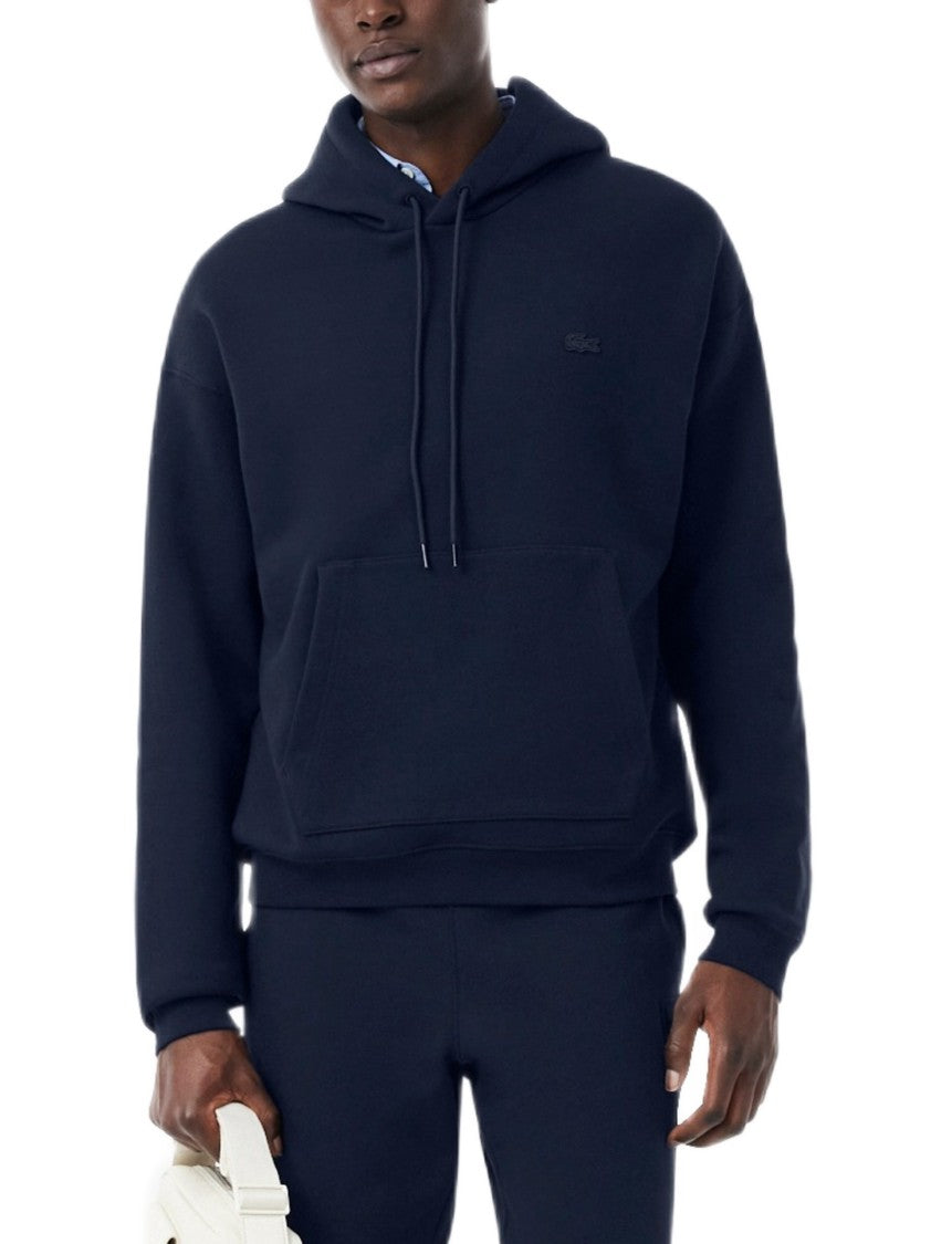 Lacoste Classic Fit Blue Cotton Fleece Hoodie With Adjustable Drawstring