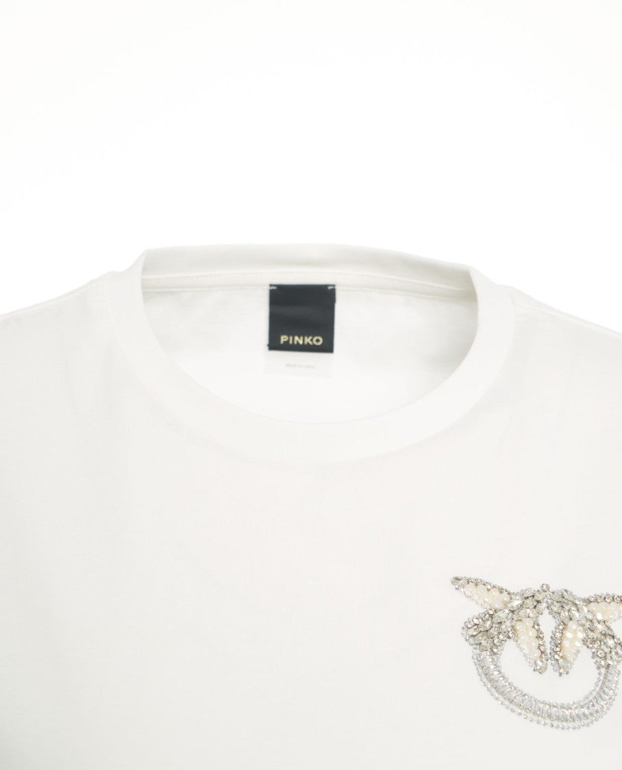 Pinko Crew Neck T-Shirt With Crystal Swallow Appliqué