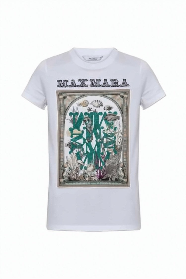 Max Mara Classic Crew Neck White T-Shirt With Botanical Graphic Print