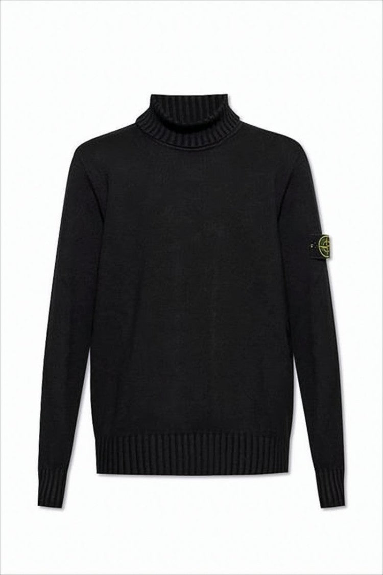 Stone Island Ribbed Black Turtleneck Sweater With Classic High Collar