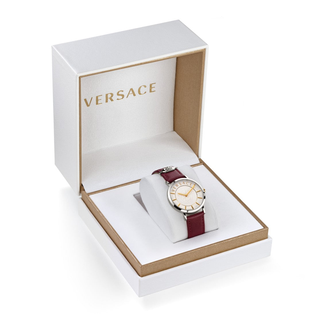 Versace Oval Stainless Steel Watch With Red Leather Strap And Sapphire Crystal