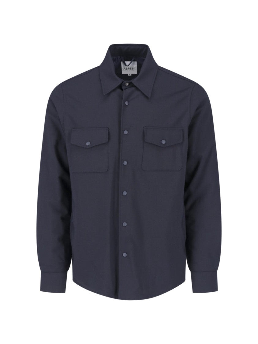 Aspesi Blue Pointed Collar Virgin Wool-Blend Shirt