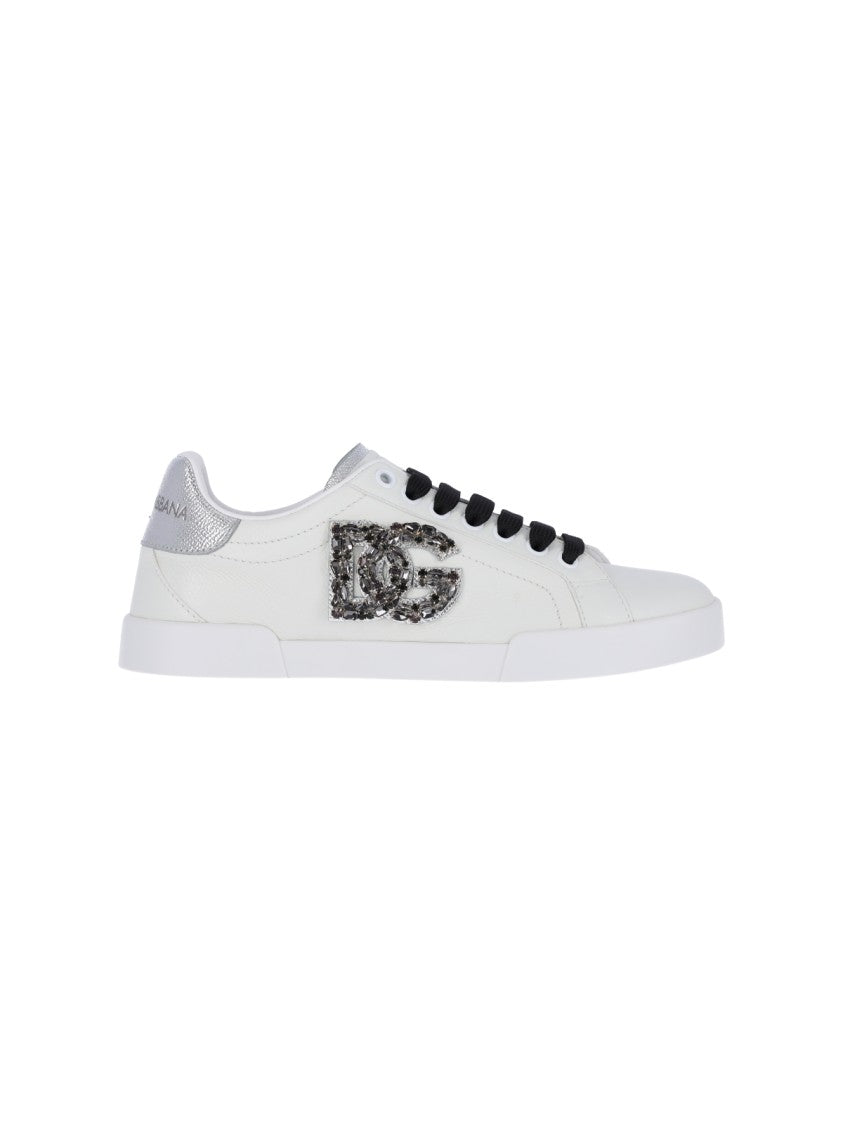 Dolce & Gabbana White Portofino Rhinestone Logo Leather Sneakers