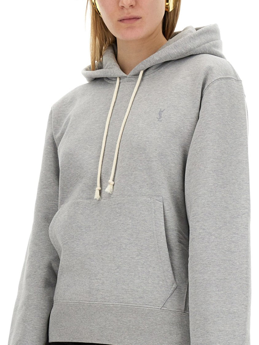 Saint Laurent Relaxed-Fit Grey Cotton Hoodie With Logo Embroidery