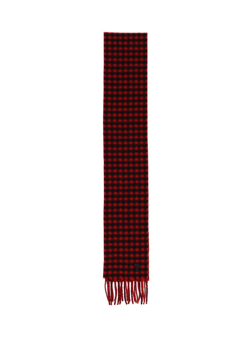 Ami Paris Red Checkered Wool Scarf