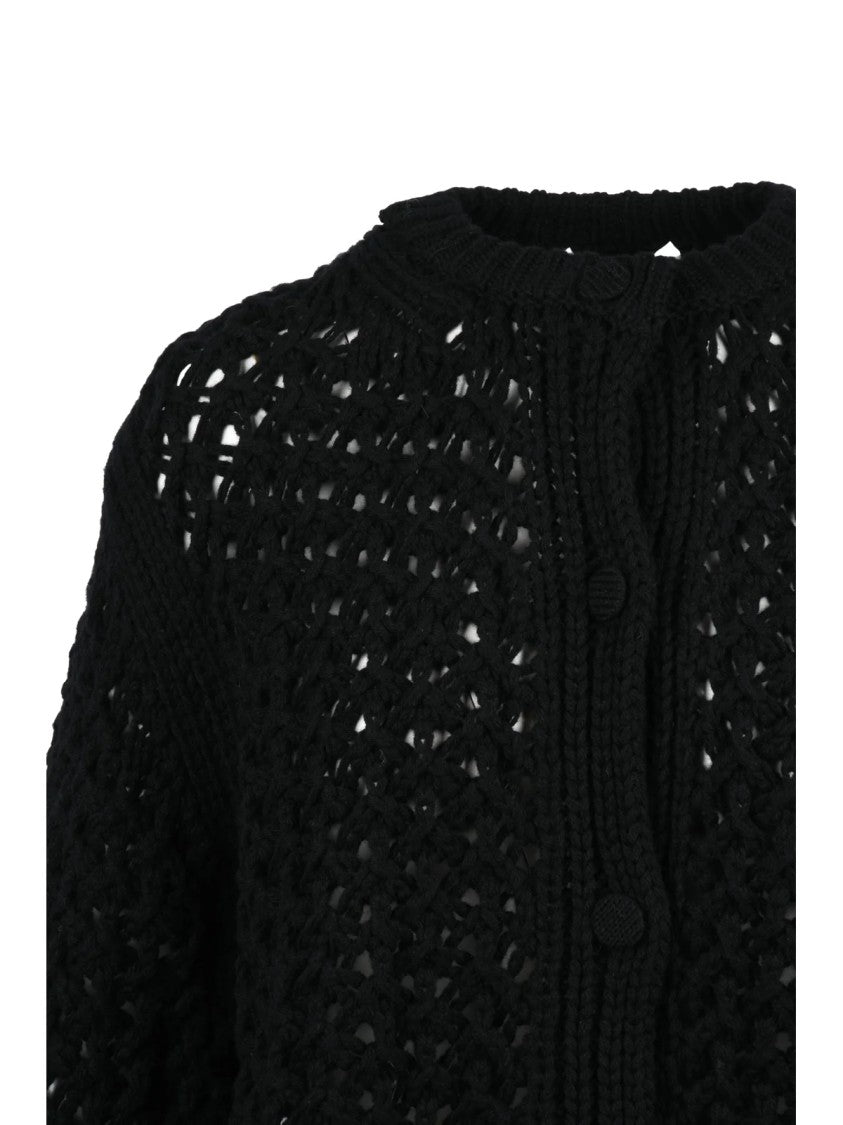 Jil Sander Black Cable Knit Crew Neck Wool Cardigan