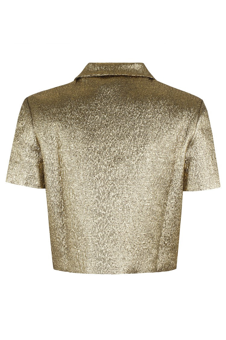 Self-Portrait Cropped Gold Metallic Jacquard Top