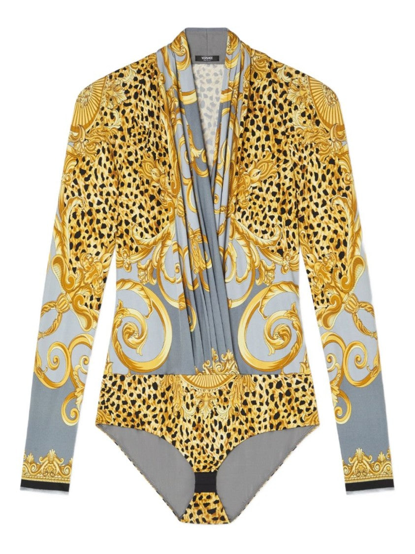 Versace Baroque-Print Deep V-Neck Bodysuit