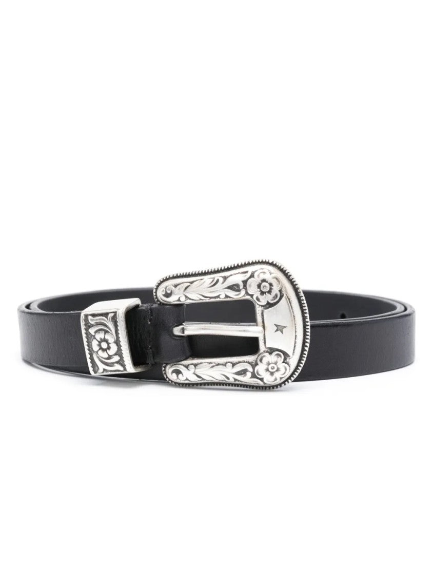 Golden Goose Black Cow Leather Belt With Intricate Silver Buckle