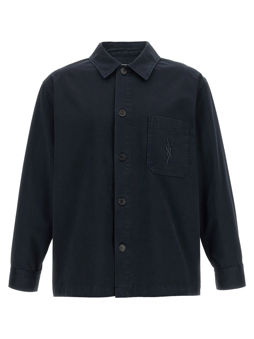 Saint Laurent Cotton Overshirt With Pointed Collar And Embroidered Logo