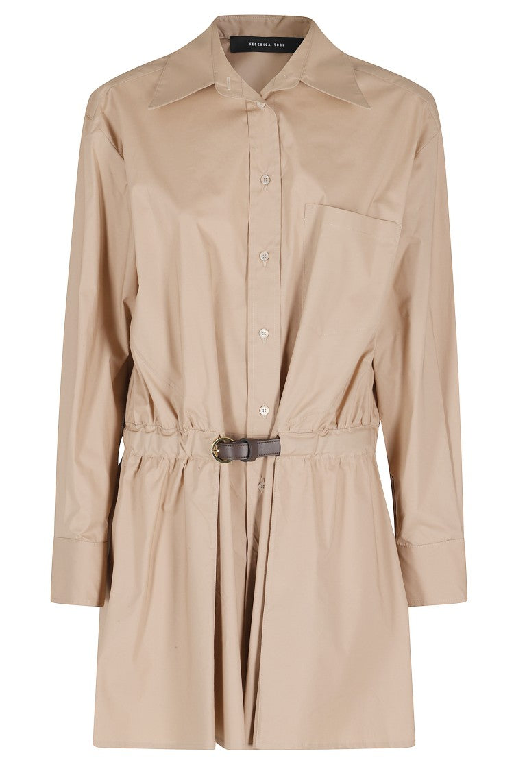 Federica Tosi Camel Poplin Leather-Belted Cotton Dress