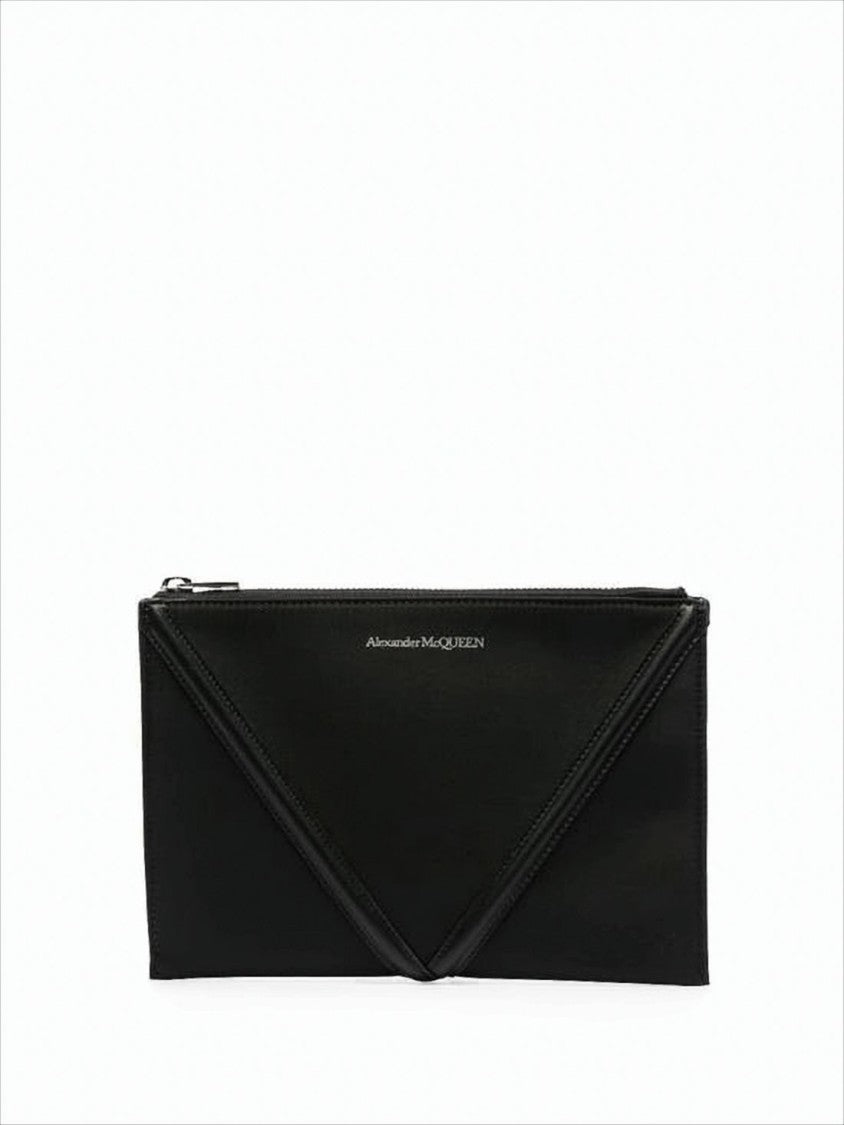 Alexander Mcqueen Rectangular Clutch With V-Shaped Overlay And Silver Accents