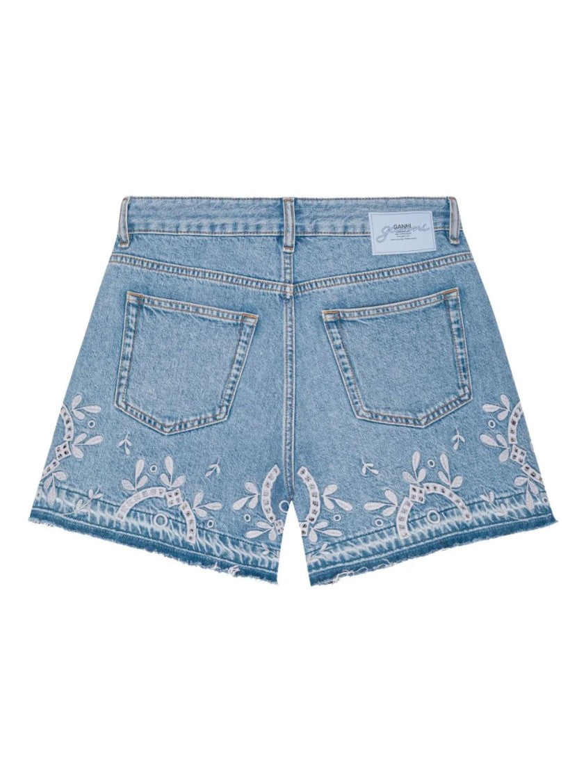 Ganni Light Blue Denim Shorts With Frayed Hem And Embroidered Detail