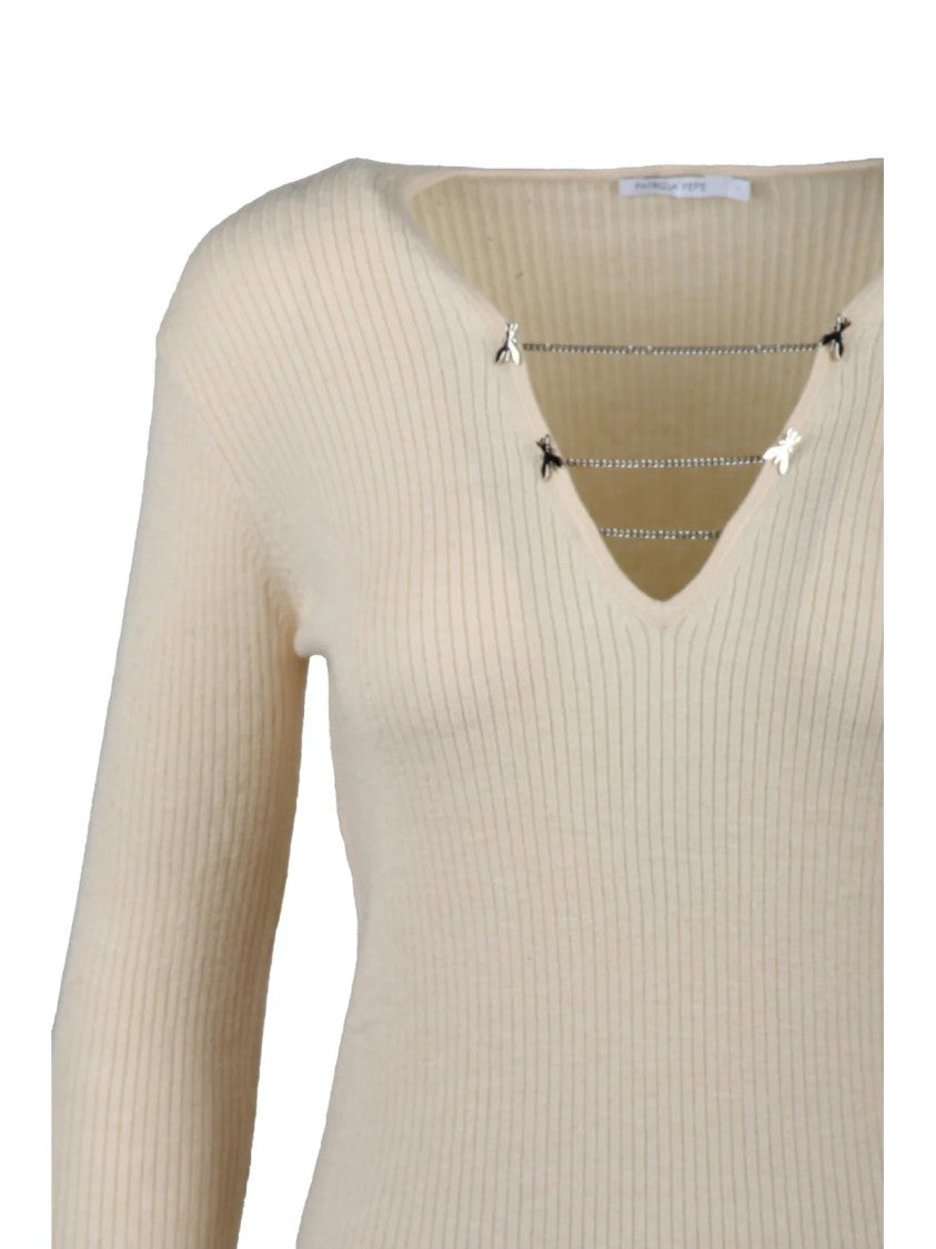 Patrizia Pepe Ribbed Knit Under-Jacket Sweater With Chain Accents