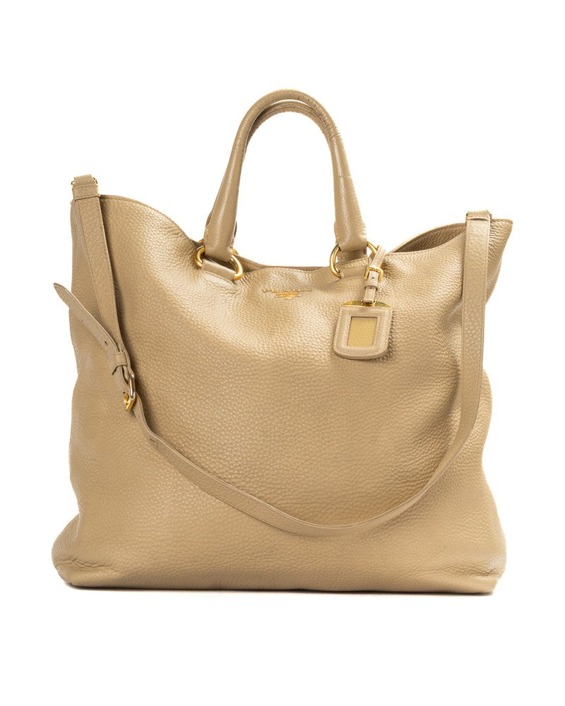 Prada Vertical Medium Granulated Leather Tote Bag - Beige