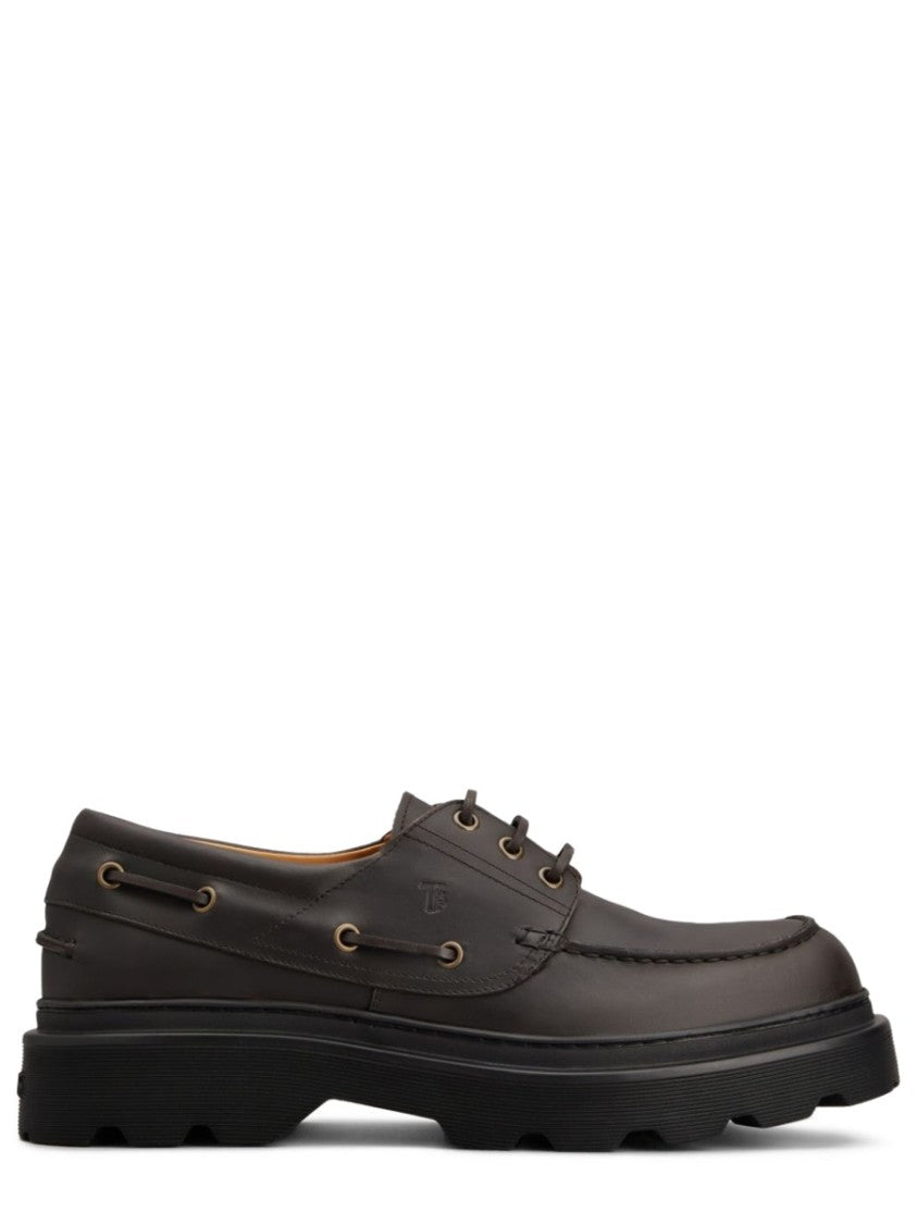 Tod's Brown Lace-Up Calfskin Moccasin Style Boat Shoe